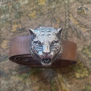 Gucci Tiger Head Belt Buckle brown leather silver
